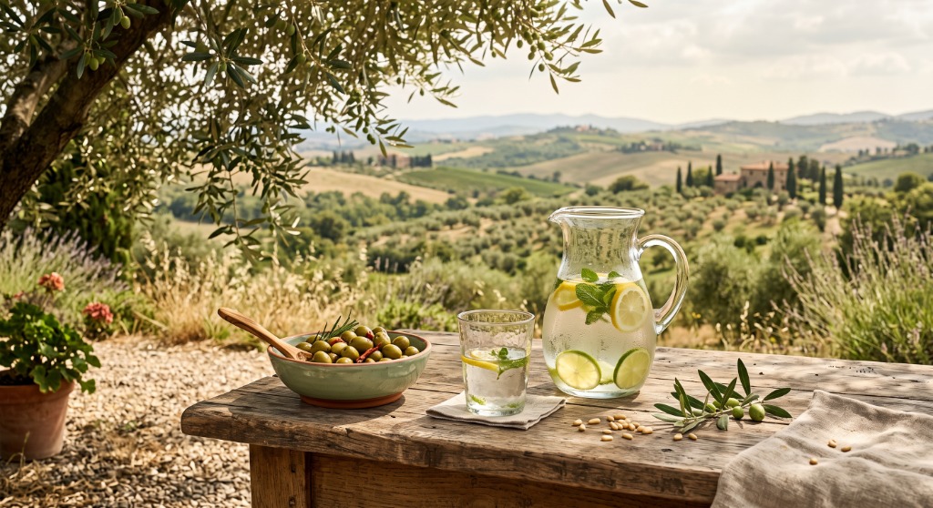 Tavola mediterranea all'aperto con brocca d'acqua e olive
